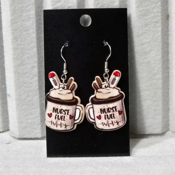 Nurse Fuel Coffee Mug Earrings Cute Medical Themed Jewelry Gift - Picture 3 of 4